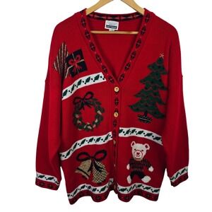 Adele‎ Knitwear Vintage Red Ugly Christmas Sweater Cardigan Metallic Lurex XL